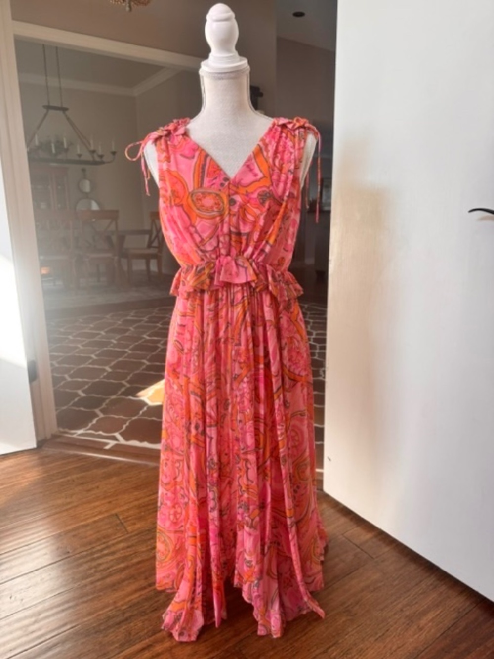 Delfi Collective Pink Orange Paisley Silk Maxi Dress Tie Shoulder Ruffle Size S